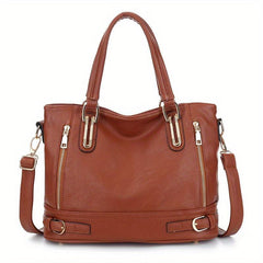 Solid Zipper Shoulder Bag Top Handle Handbag Faux Leather Crossbody