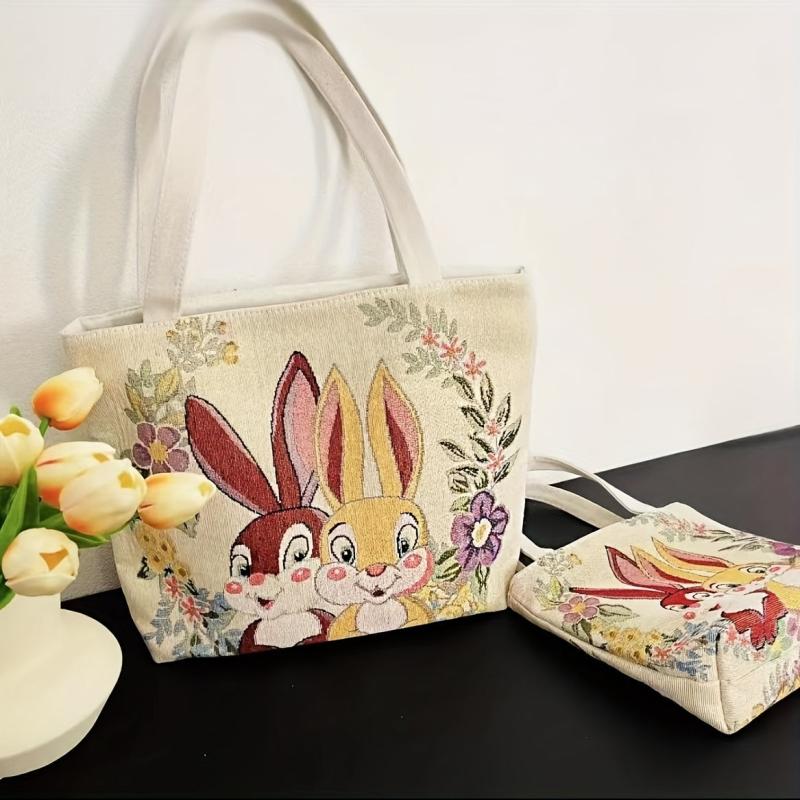 Vintage Bunny Pattern Tote Bag Lightweight Shoulder Bag