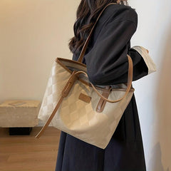 Rhombus Embossed Tote Bag Large Capacity Shoulder Bag PU Leather Handbag