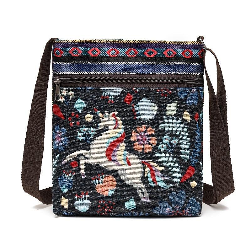 Animal Embroidery Canvas Square Bag Zipper Shoulder Phone Bag