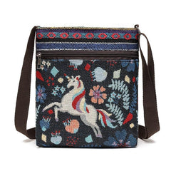 Animal Embroidery Canvas Square Bag Zipper Shoulder Phone Bag