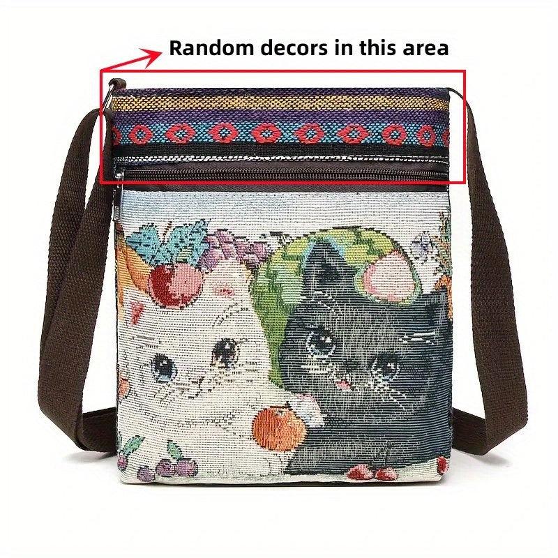 Animal Embroidery Canvas Square Bag Zipper Shoulder Phone Bag