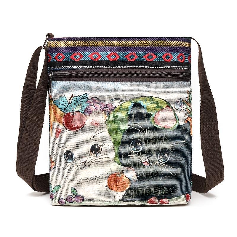 Animal Embroidery Canvas Square Bag Zipper Shoulder Phone Bag