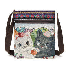 Animal Embroidery Canvas Square Bag Zipper Shoulder Phone Bag