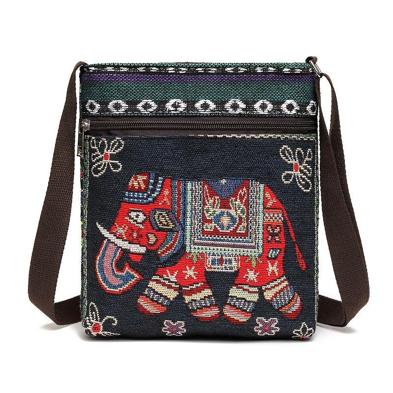 Animal Embroidery Canvas Square Bag Zipper Shoulder Phone Bag