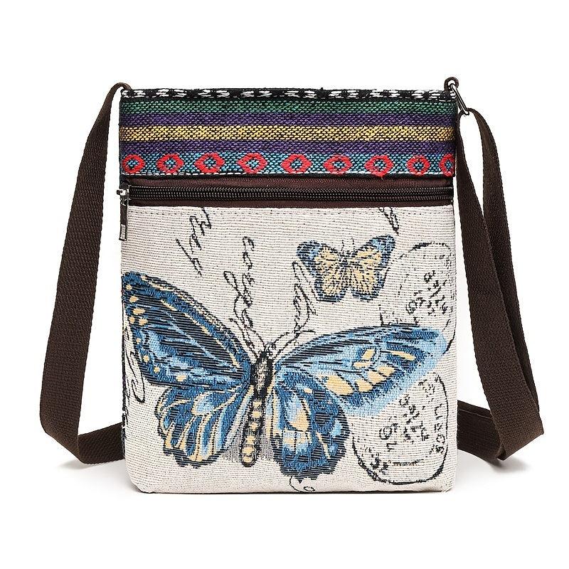 Animal Embroidery Canvas Square Bag Zipper Shoulder Phone Bag