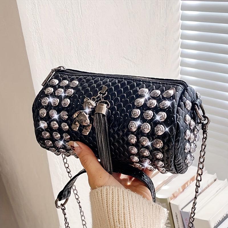 Studded Decor Crossbody Bag Chain Shoulder Bag Tassel Purse