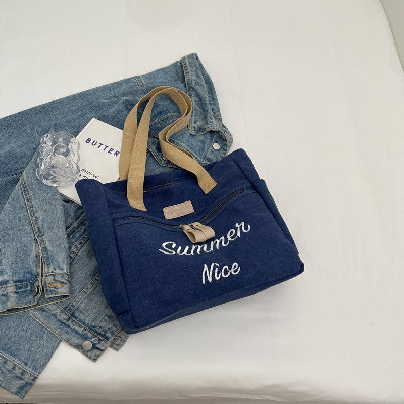 Vintage Canvas Shoulder Bag Letter Embroidery Tote Bag