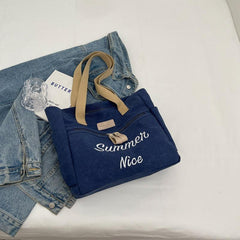 Vintage Canvas Shoulder Bag Letter Embroidery Tote Bag