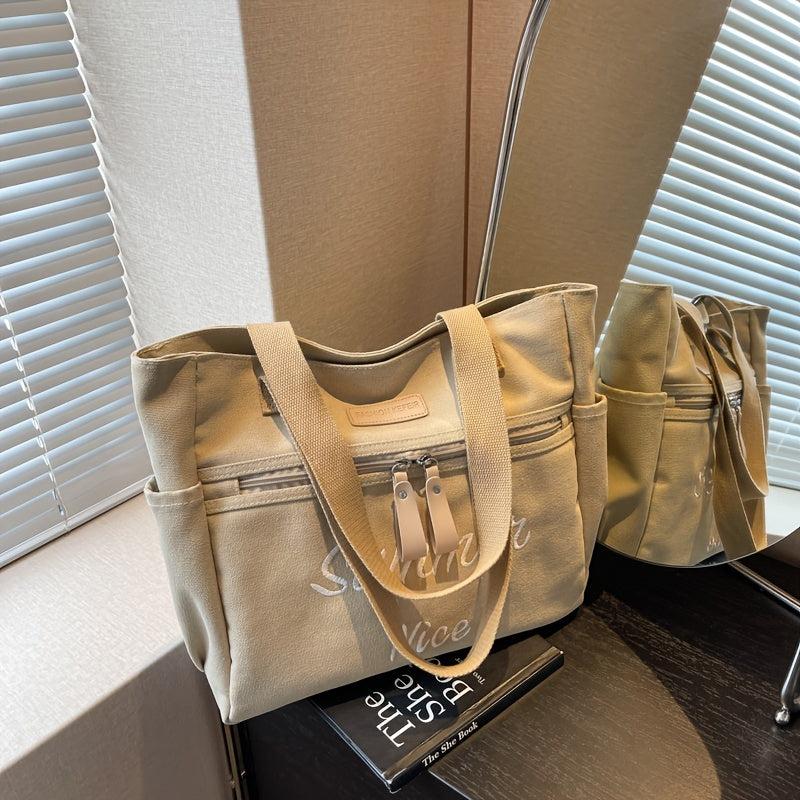Vintage Canvas Shoulder Bag Letter Embroidery Tote Bag