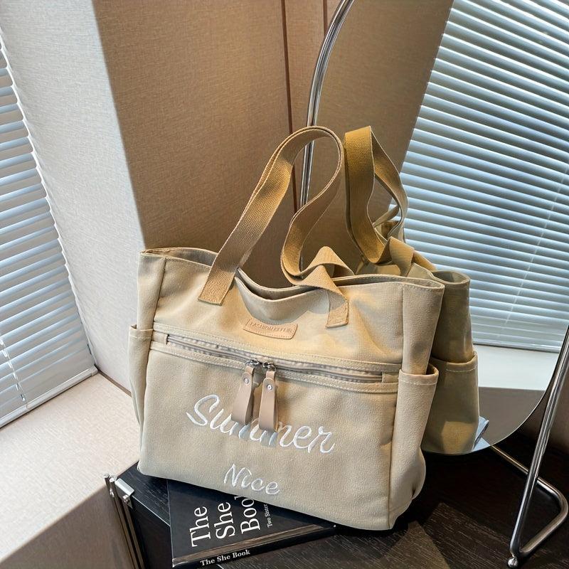 Vintage Canvas Shoulder Bag Letter Embroidery Tote Bag
