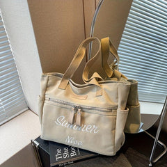 Vintage Canvas Shoulder Bag Letter Embroidery Tote Bag