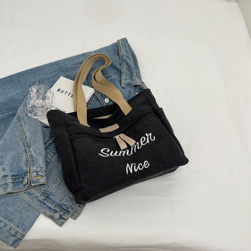 Vintage Canvas Shoulder Bag Letter Embroidery Tote Bag