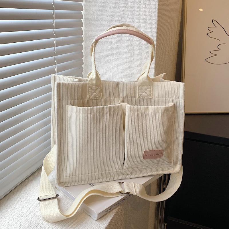 Large Capacity Corduroy Tote Bag Casual Pockets Handbag Crossbody Bag