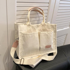 Large Capacity Corduroy Tote Bag Casual Pockets Handbag Crossbody Bag