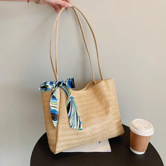 Minimalist Straw Tote Shoulder Bag with Scarf Decor