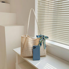 Minimalist Straw Tote Shoulder Bag with Scarf Decor