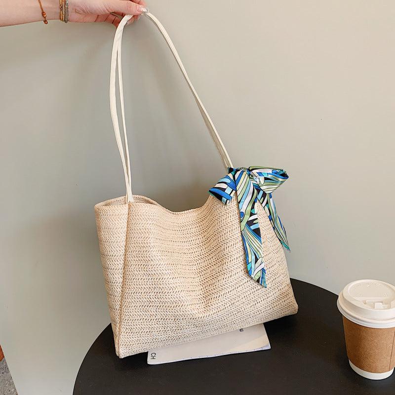 Minimalist Straw Tote Shoulder Bag with Scarf Decor