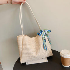 Minimalist Straw Tote Shoulder Bag with Scarf Decor