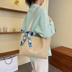 Minimalist Straw Tote Shoulder Bag with Scarf Decor