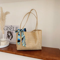 Minimalist Straw Tote Shoulder Bag with Scarf Decor
