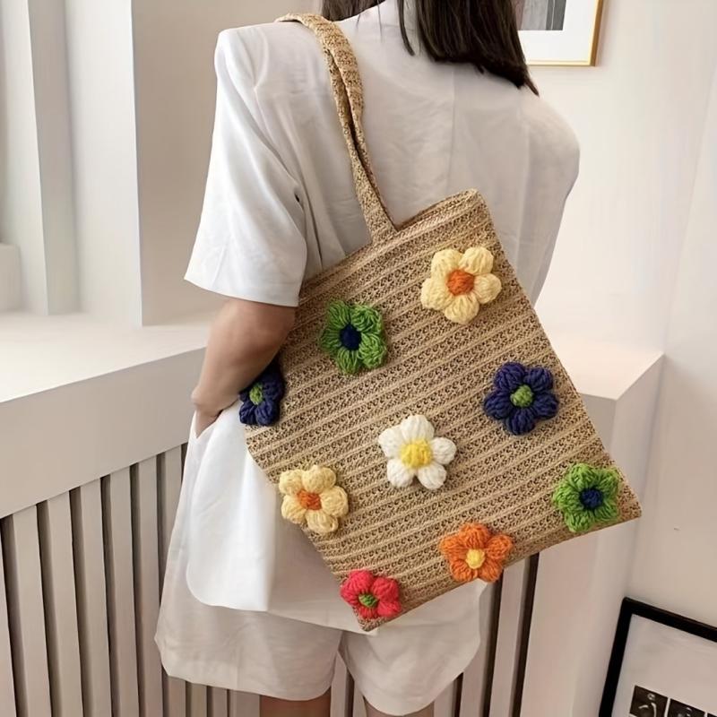 Boho Style Straw Woven Tote Bag with Knitted Flower Decor