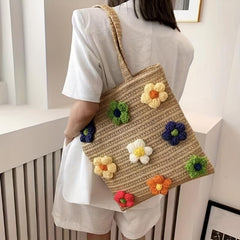 Boho Style Straw Woven Tote Bag with Knitted Flower Decor