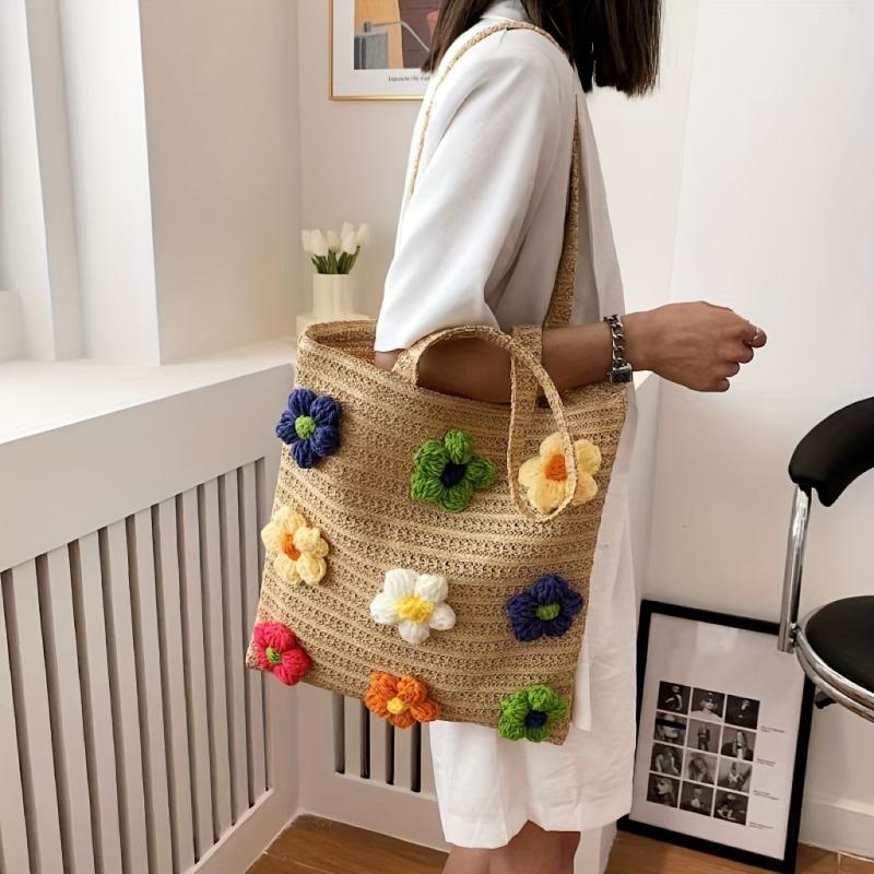 Boho Style Straw Woven Tote Bag with Knitted Flower Decor