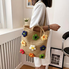 Boho Style Straw Woven Tote Bag with Knitted Flower Decor