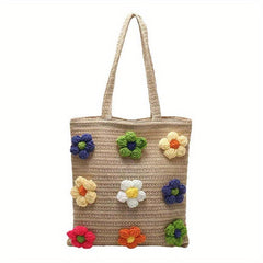 Boho Style Straw Woven Tote Bag with Knitted Flower Decor