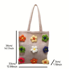 Boho Style Straw Woven Tote Bag with Knitted Flower Decor