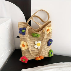 Boho Style Straw Woven Tote Bag with Knitted Flower Decor