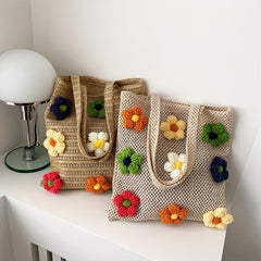 Boho Style Straw Woven Tote Bag with Knitted Flower Decor