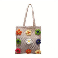 Boho Style Straw Woven Tote Bag with Knitted Flower Decor