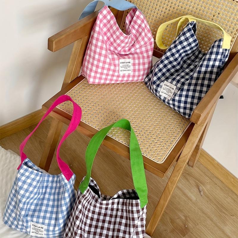 Plaid Pattern Shoulder Bag Colorblock Shopping Bag Large Capacity