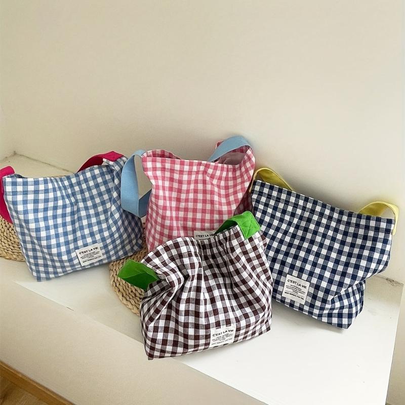 Plaid Pattern Shoulder Bag Colorblock Shopping Bag Large Capacity