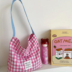 Plaid Pattern Shoulder Bag Colorblock Shopping Bag Large Capacity