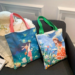 Anime Girls Print Handbag Canvas Tote Bag Large Capacity