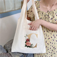 Flower Letter Print Shoulder Bag Canvas Tote Large Capacity
