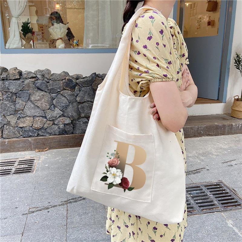 Flower Letter Print Shoulder Bag Canvas Tote Large Capacity