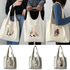 Flower Letter Print Shoulder Bag Canvas Tote Large Capacity