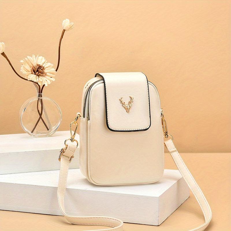 Women's Mini Crossbody Bag Metal Decor Phone Bag Faux Leather Zipper Purse