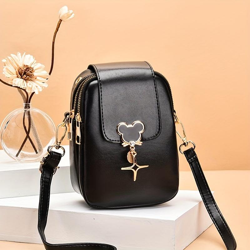 Women's Mini Crossbody Bag Metal Decor Phone Bag Faux Leather Zipper Purse
