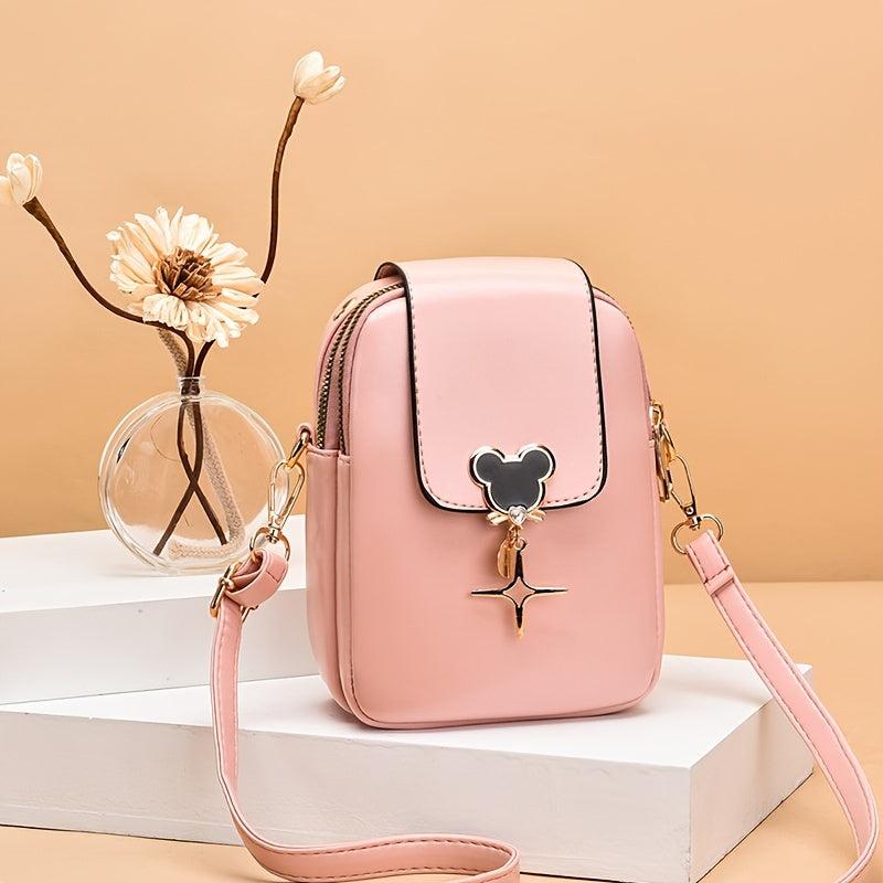 Women's Mini Crossbody Bag Metal Decor Phone Bag Faux Leather Zipper Purse