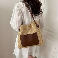 Large Capacity Square Shoulder Bag Straw Woven Casual Tote Bag