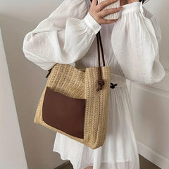 Large Capacity Square Shoulder Bag Straw Woven Casual Tote Bag