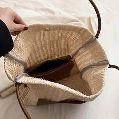 Large Capacity Square Shoulder Bag Straw Woven Casual Tote Bag