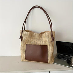 Large Capacity Square Shoulder Bag Straw Woven Casual Tote Bag