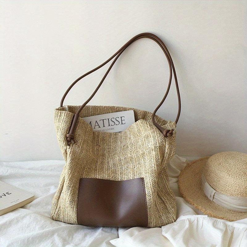 Large Capacity Square Shoulder Bag Straw Woven Casual Tote Bag