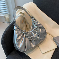 Cloud Ruched Handbag Chain Shoulder Bag Pu Leather Crescent Bag